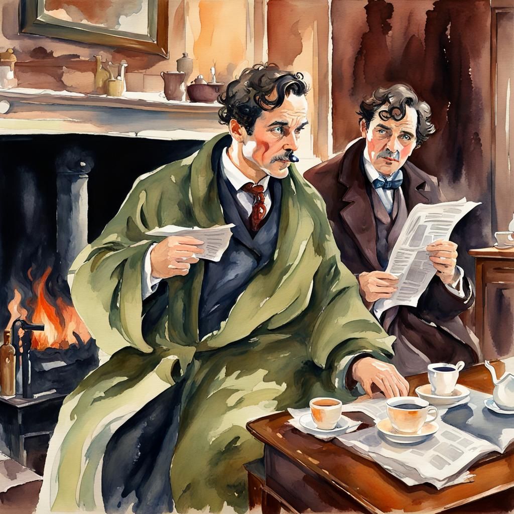 Sherlock Holmes and Watson Discuss Murder in Watercolor