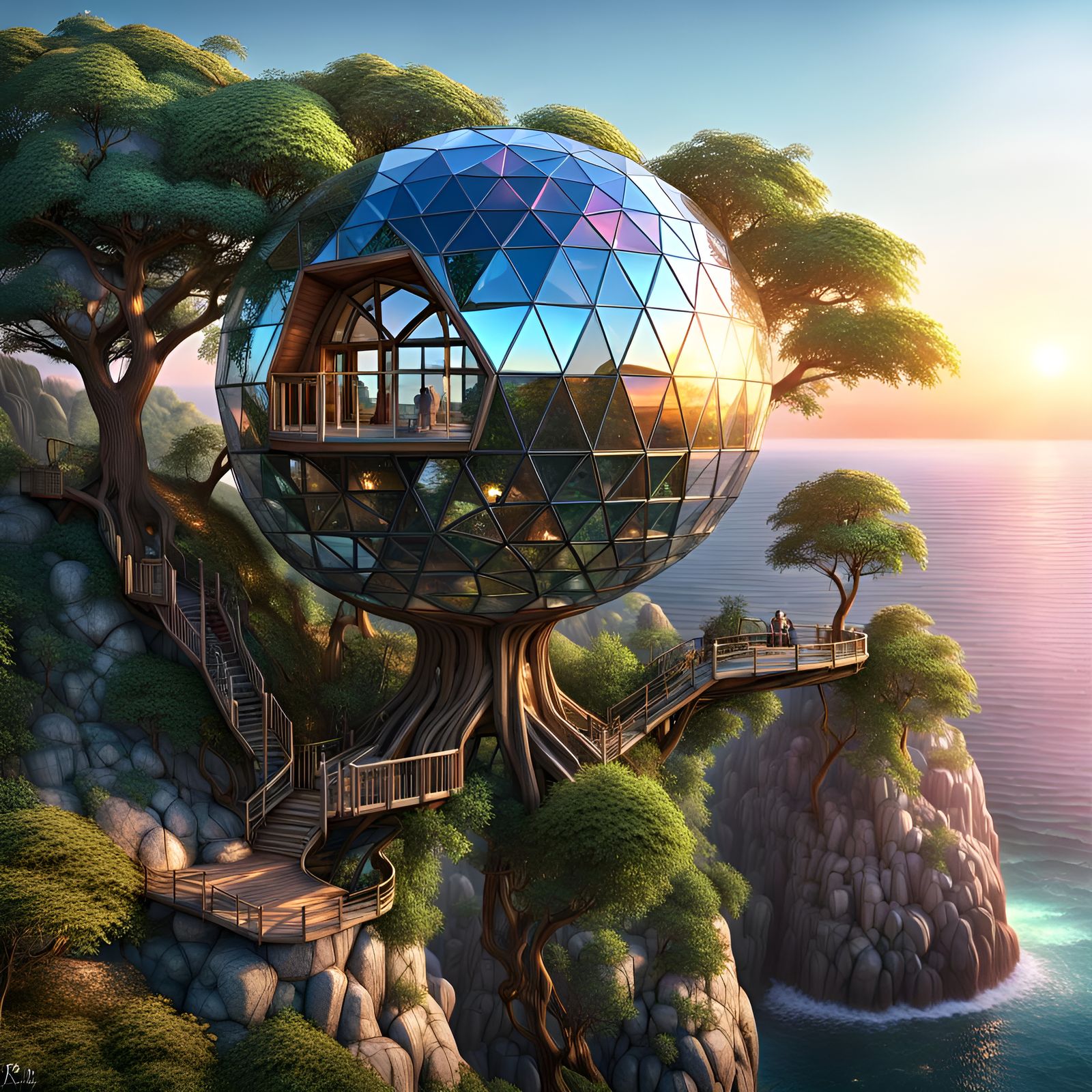 Iridescent Glass Treehouse on Cliff at Sunrise