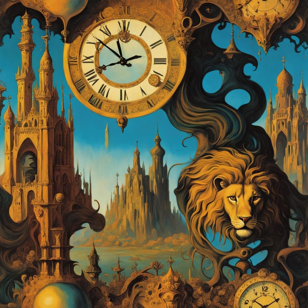 Majestic Lion Wears Royal Crown in Surreal Landscape