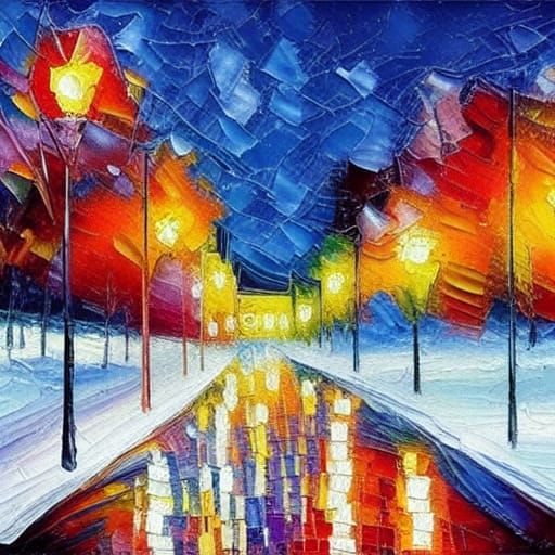 Snowfall at Night in Expressionist Oil Painting Style