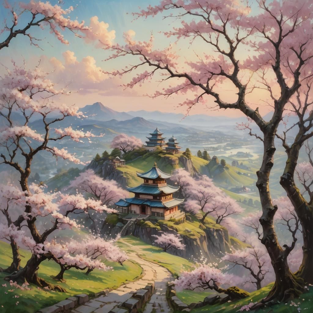 Fantasy Cherry Blossom Landscape Oil Painting