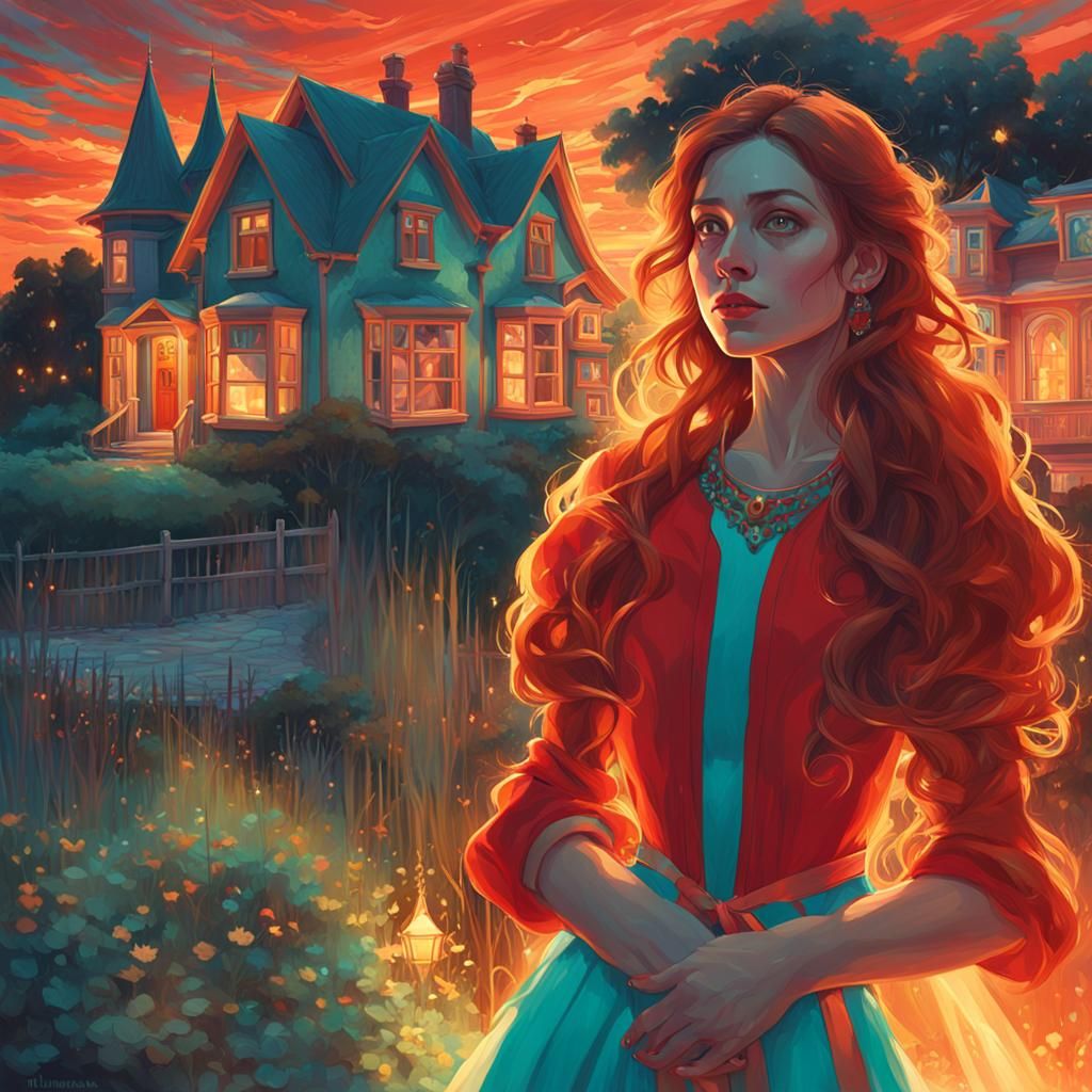 Woman in Red Dress, Art Nouveau Style