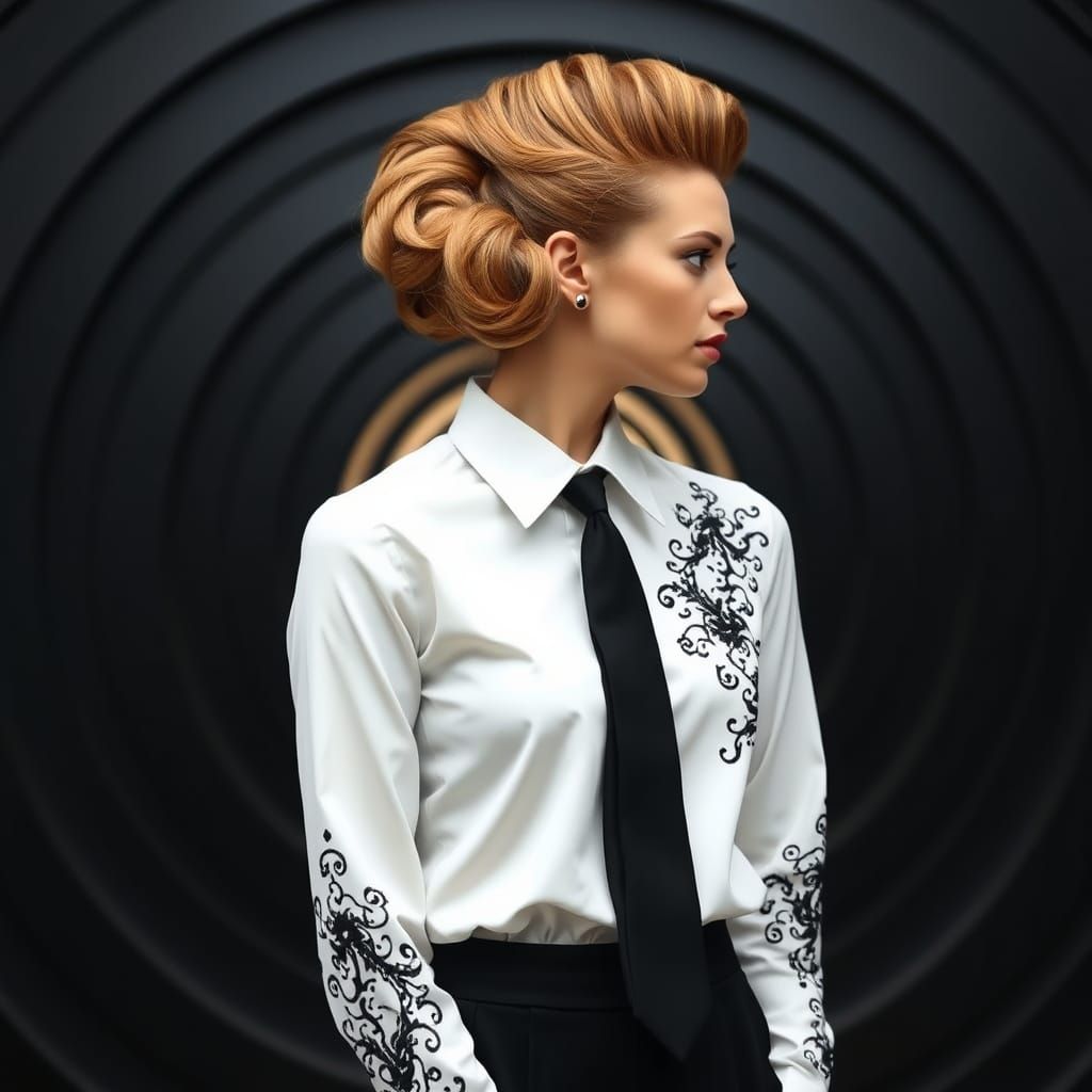 Elegant Woman with Spiral Hair and Black Tie