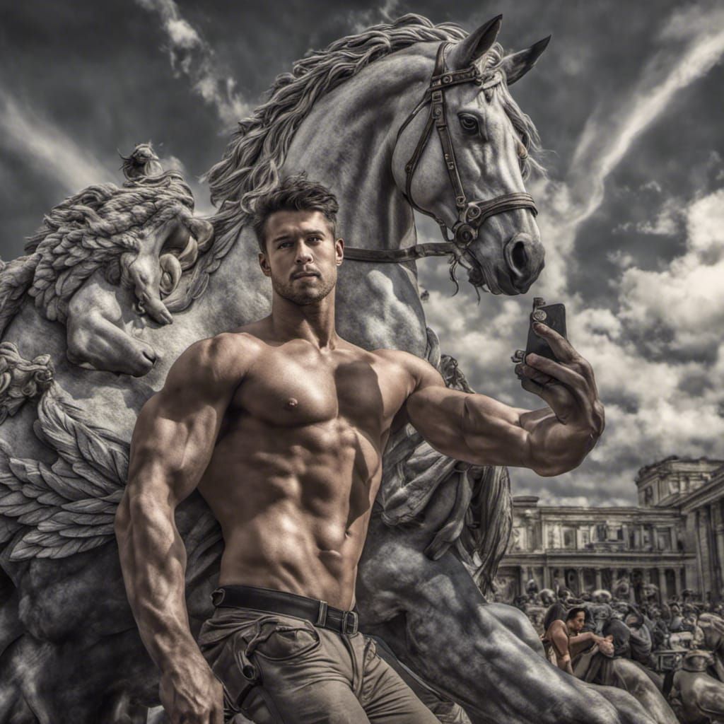 Man and Pegasus Selfie in Hyperrealistic Style