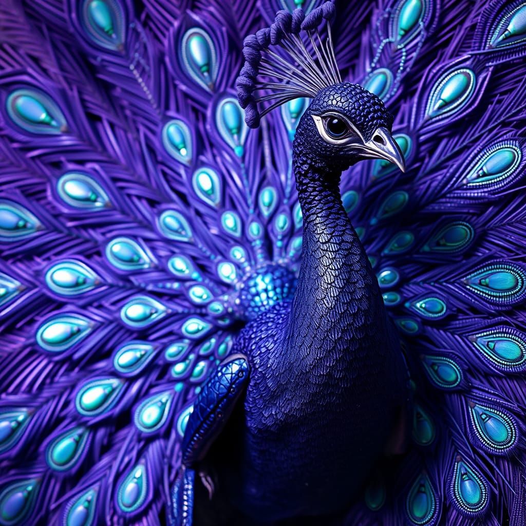 Photorealistic Alien Peacock Hybrid with Iridescent Plumage