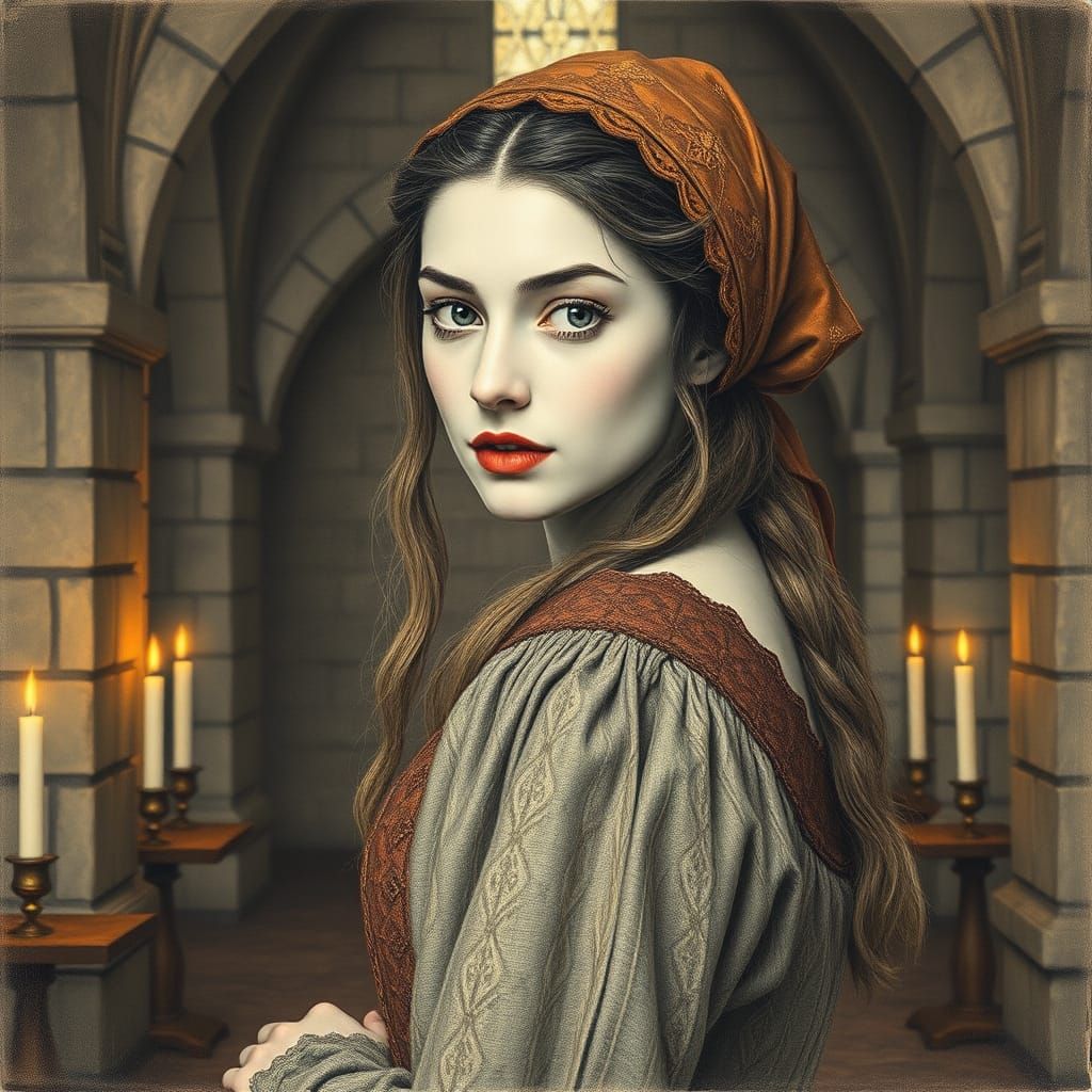 Medieval Woman Portrait in Hyper-Realistic Pencil Style