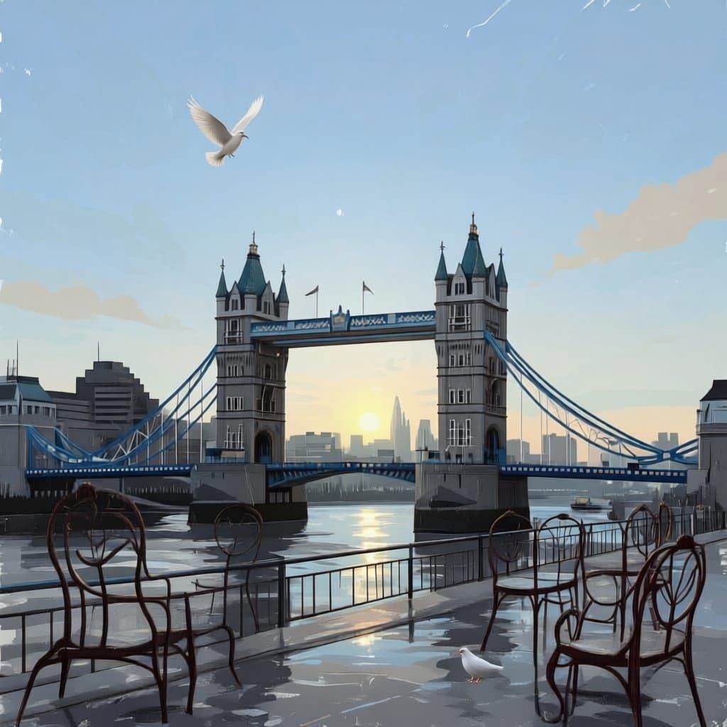 London Bridge Opens at Sunrise with Birds in Smear Brush Sty...