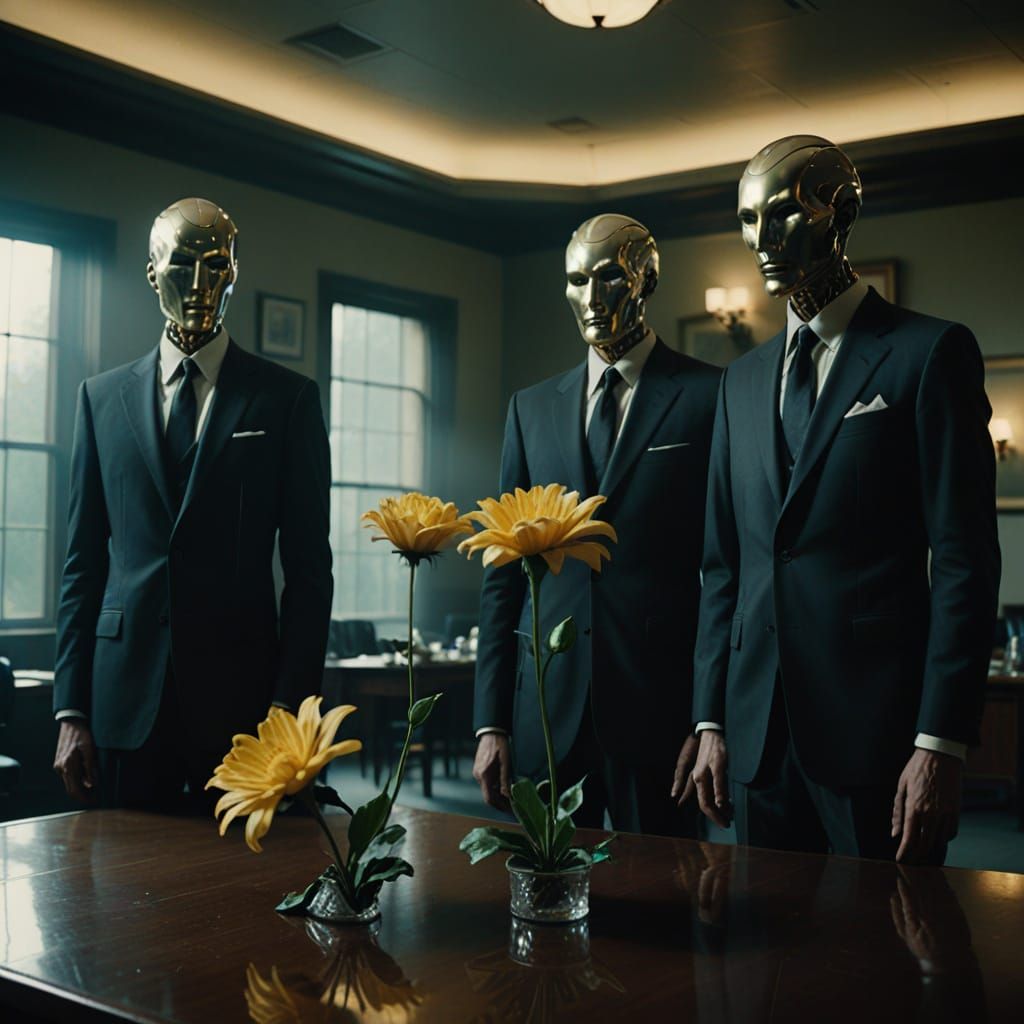 Faceless Mannequins Water Giant Wilting Flower in Surreal Bo...