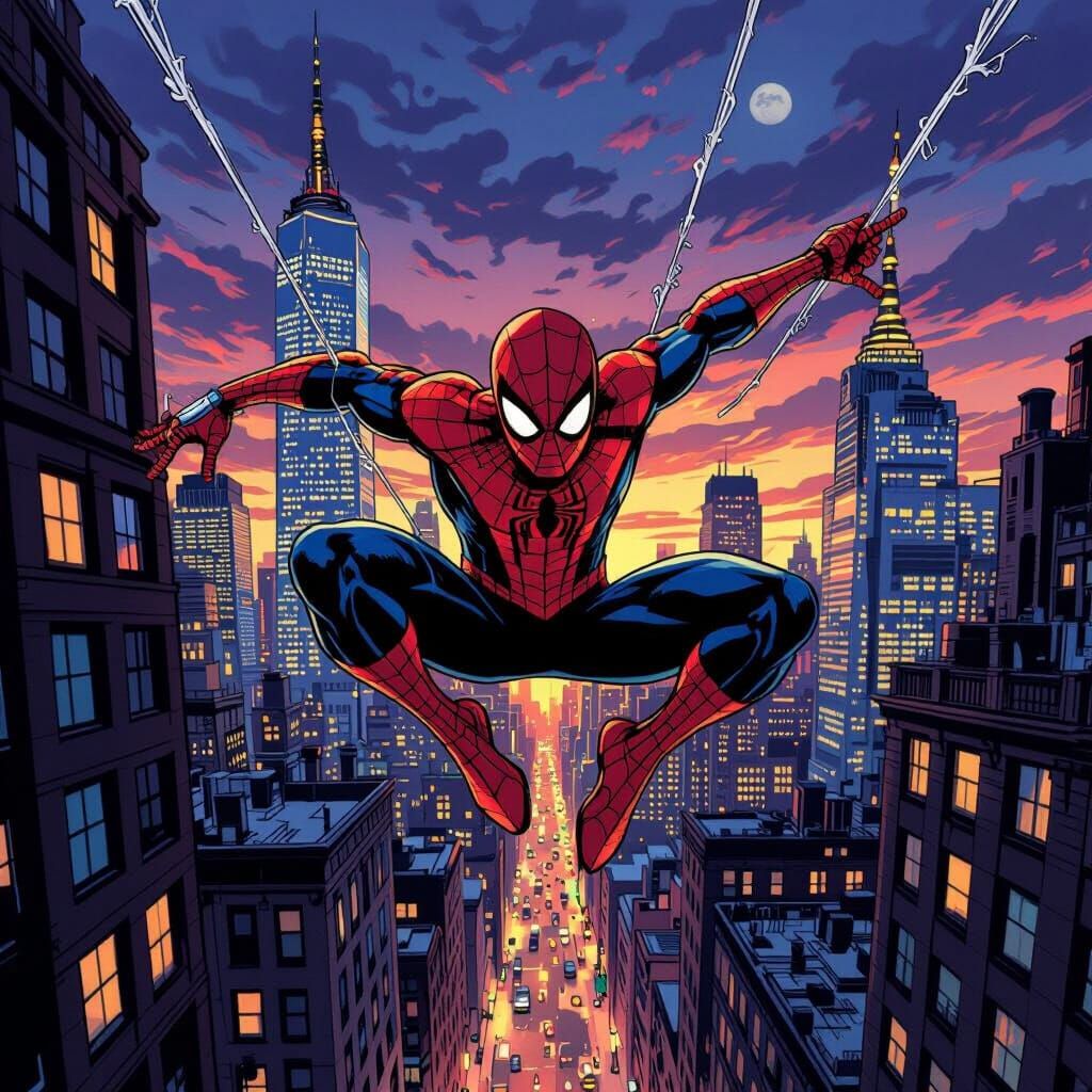 Spiderman Swinging Through NYC at Dusk Comic Art