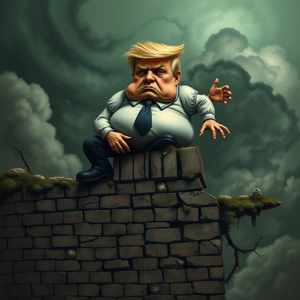 Grotesque Figure Blends Humpty Dumpty and Trump in Dark, Gri...