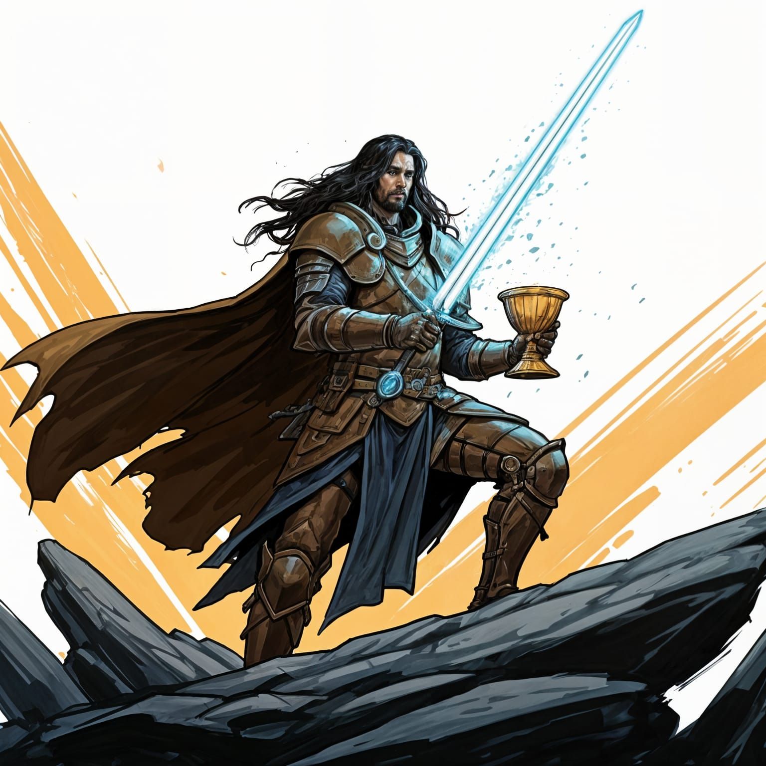 Knight with Grail in Expressive Brush-and-Ink Style