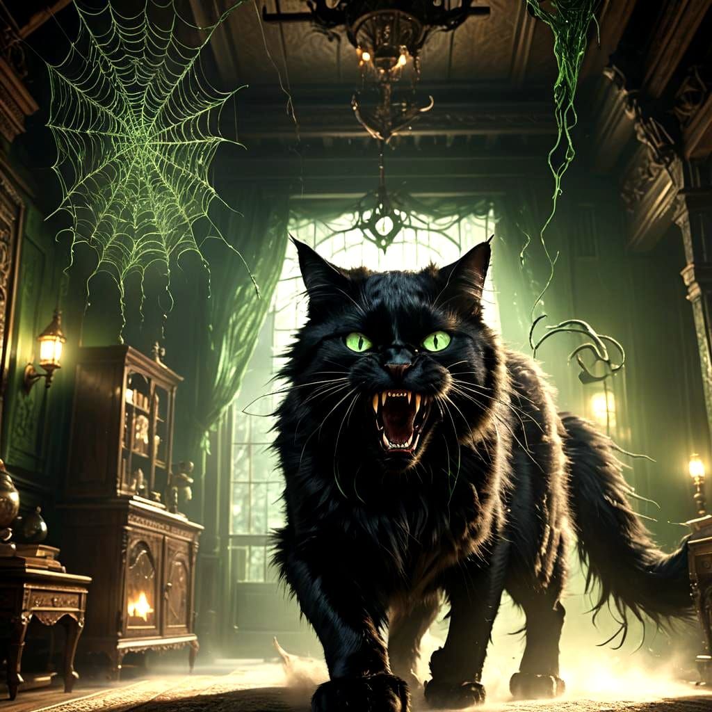 Hyperrealistic Black Cat Ready to Bite in Gothic Room