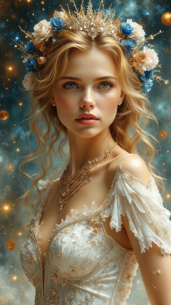 Captivating Portrait with Celestial Crown in Fantasy Art Sty...
