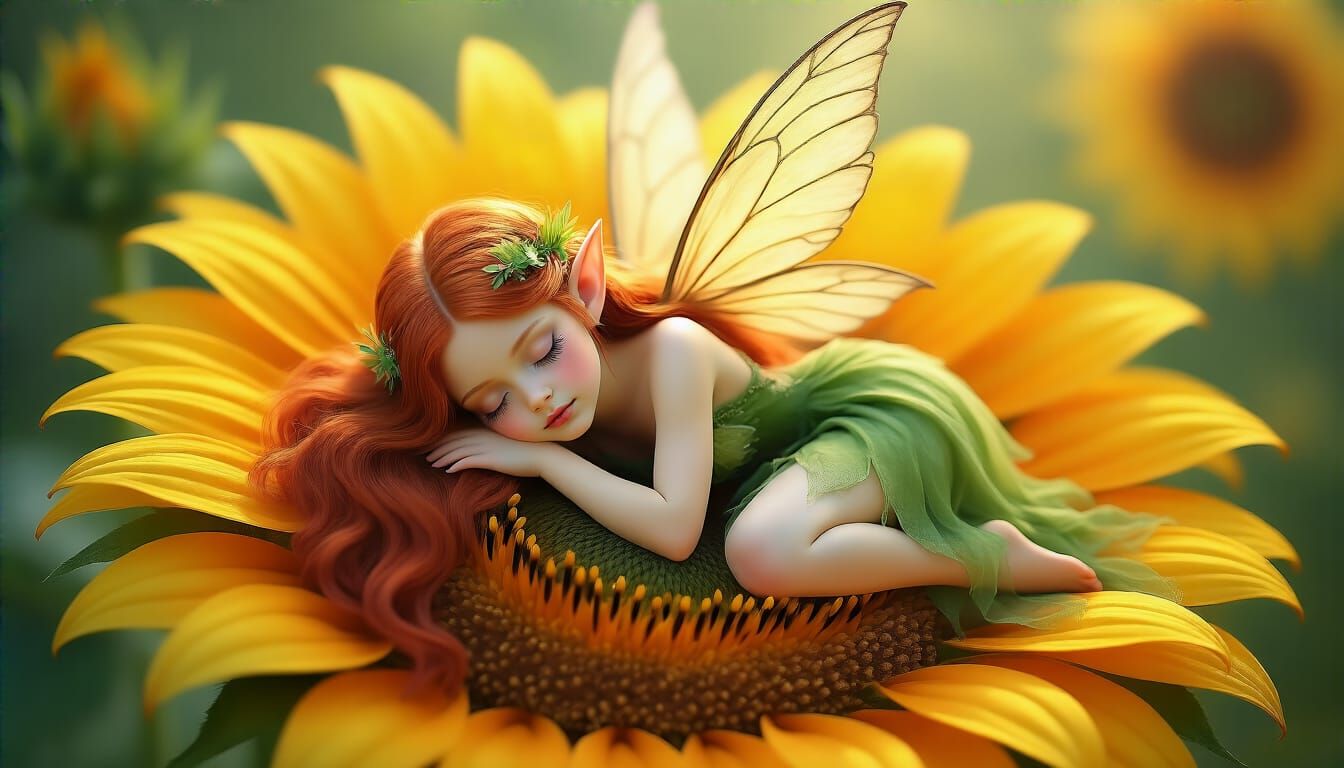 Fairy Sleeping on Vibrant Sunflower in Golden Light