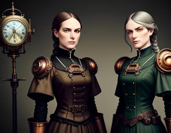 Steampunk Twins in Time Machine: Dark Fantasy Concept Art