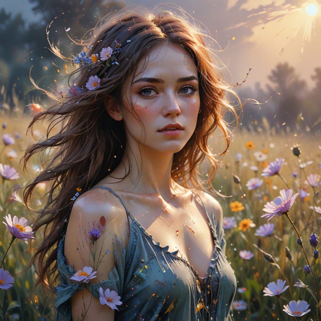 Ethereal Girl in Flower Field, Watercolor Splash Art