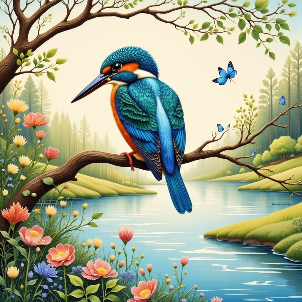 Kingfisher Perched Above River in Detailed Style