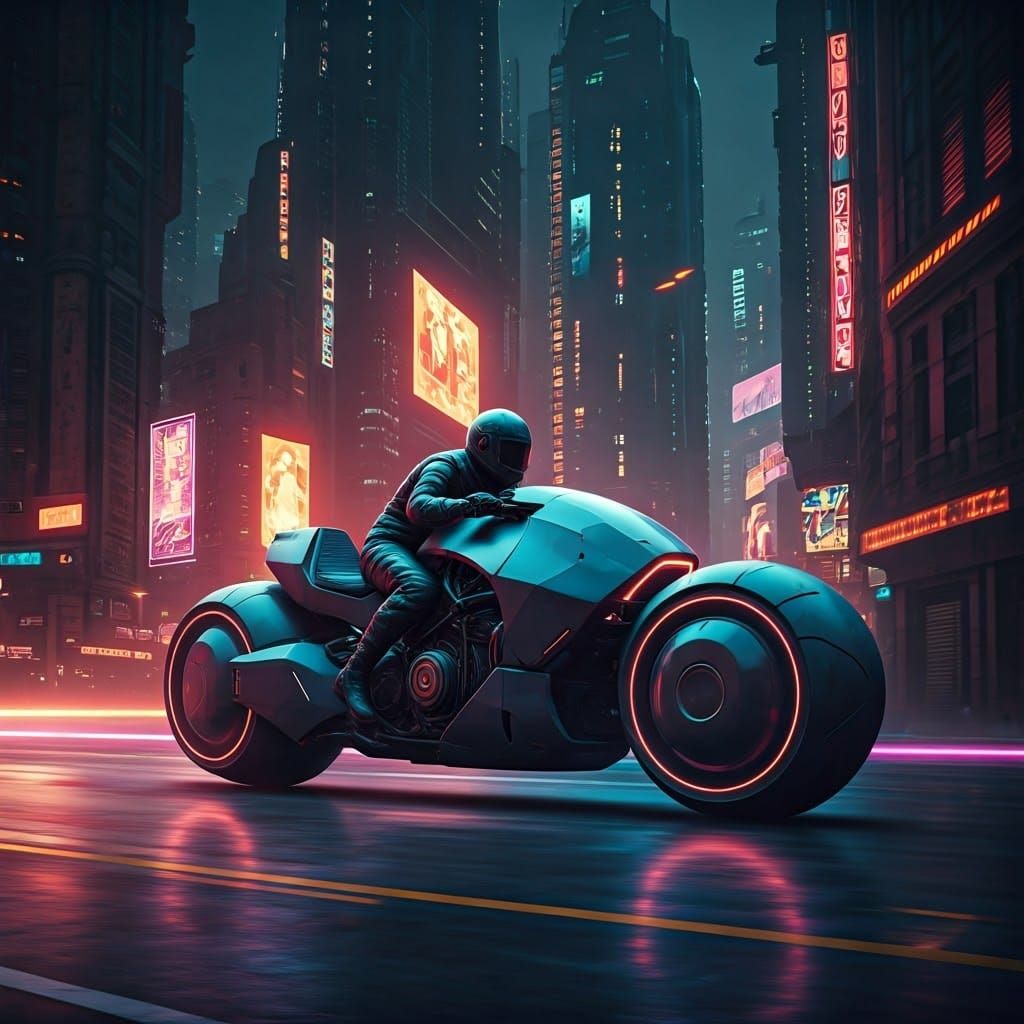 Neon Cyberpunk Hoverbike Speeding Through Dystopian City