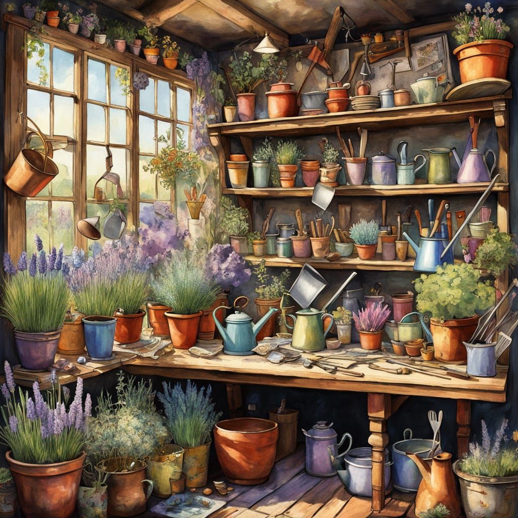 Charming Antique Garden Workspace in Vibrant Colors