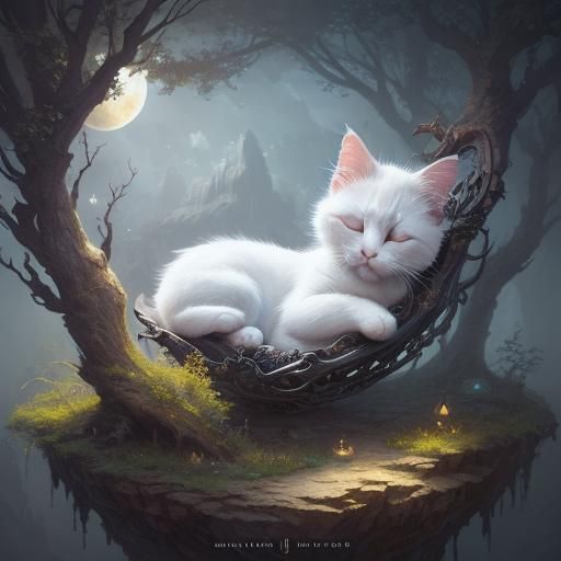 Sleeping White Kitten in Detailed Matte Painting