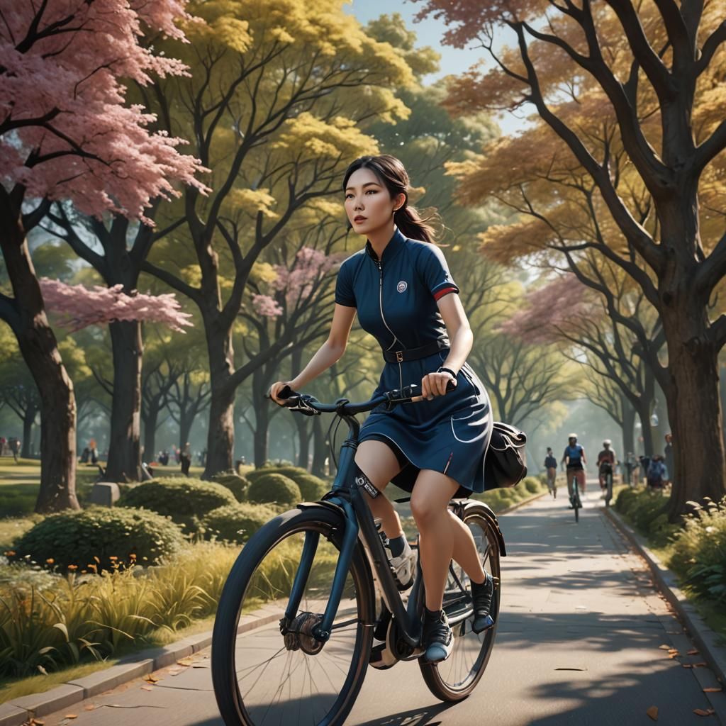 Korean Girl Cycling Through Park: Matte Painting