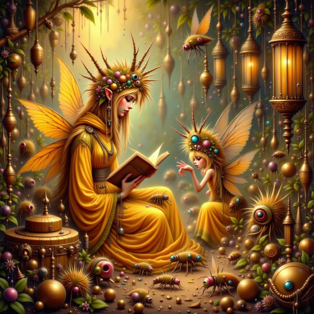 Bee Queen Reads Bedtime Stories: Whimsical Illustration