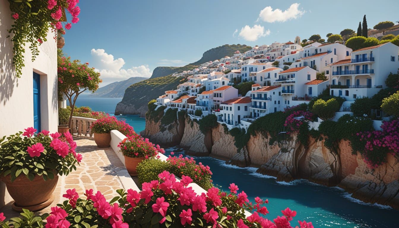 Vibrant Mediterranean Island Village in Bright Digital Art