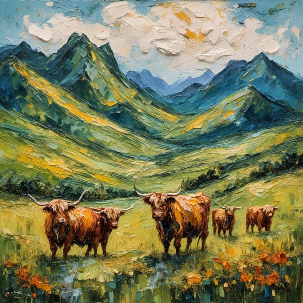 Highland Cows in Lush Field: Impasto Oil Painting