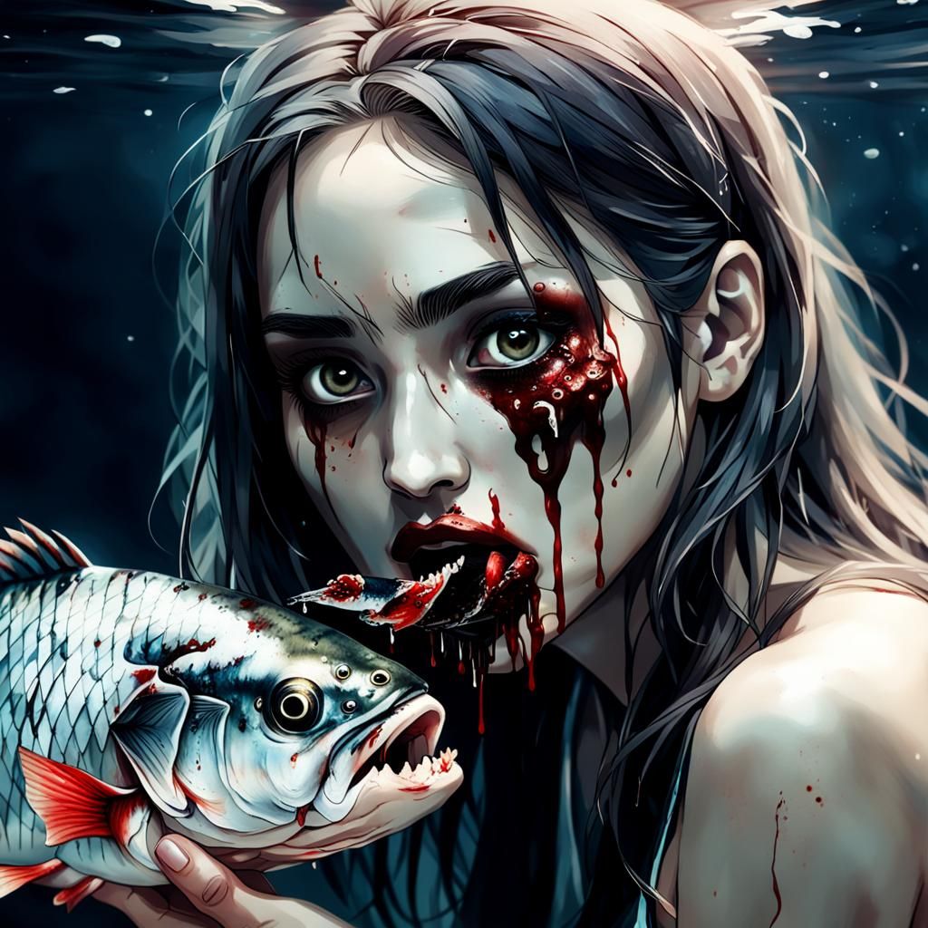Striking Woman with Black Eyes Eats Fish