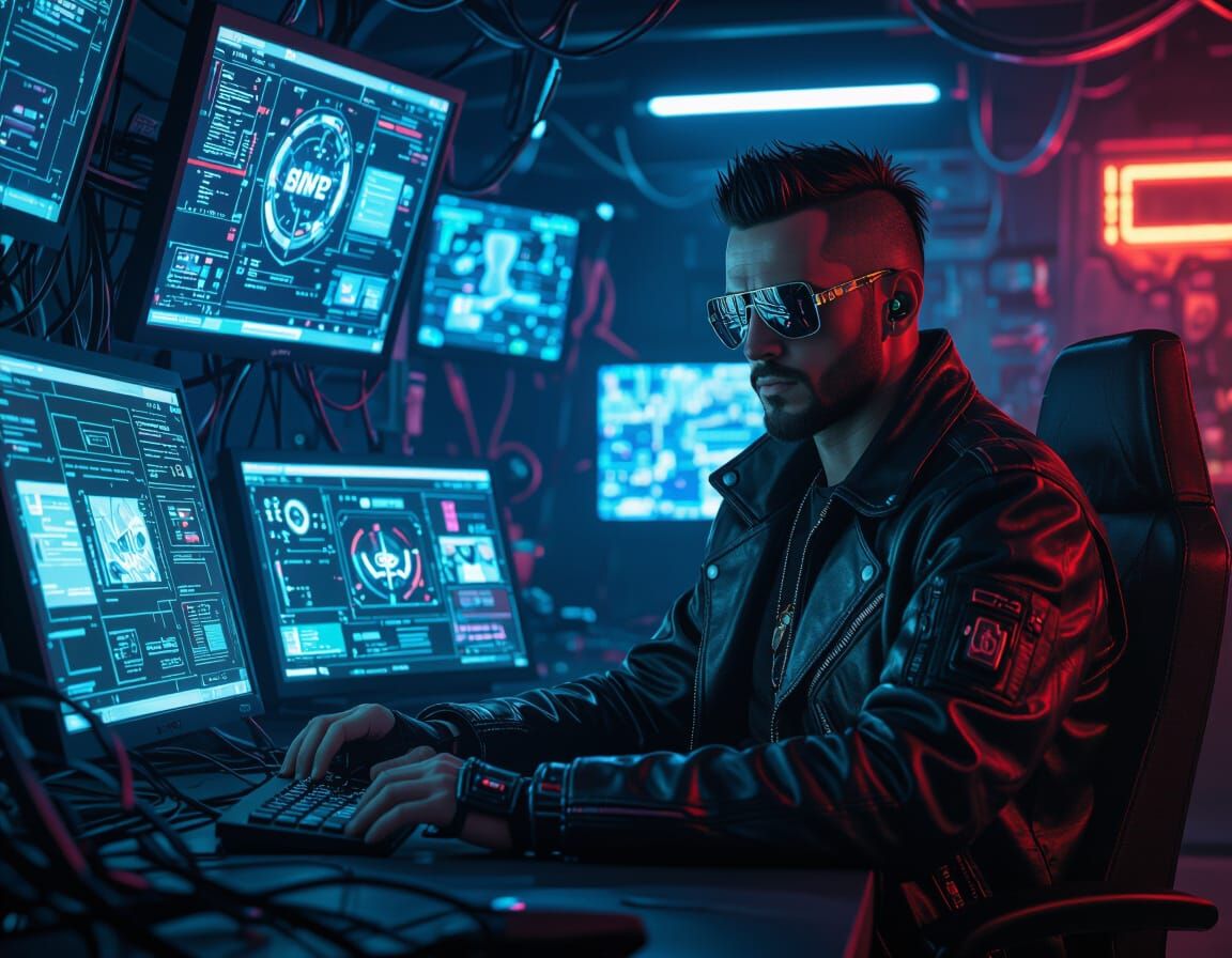 Cyberpunk Hacker in Futuristic Room, Gritty Aesthetic