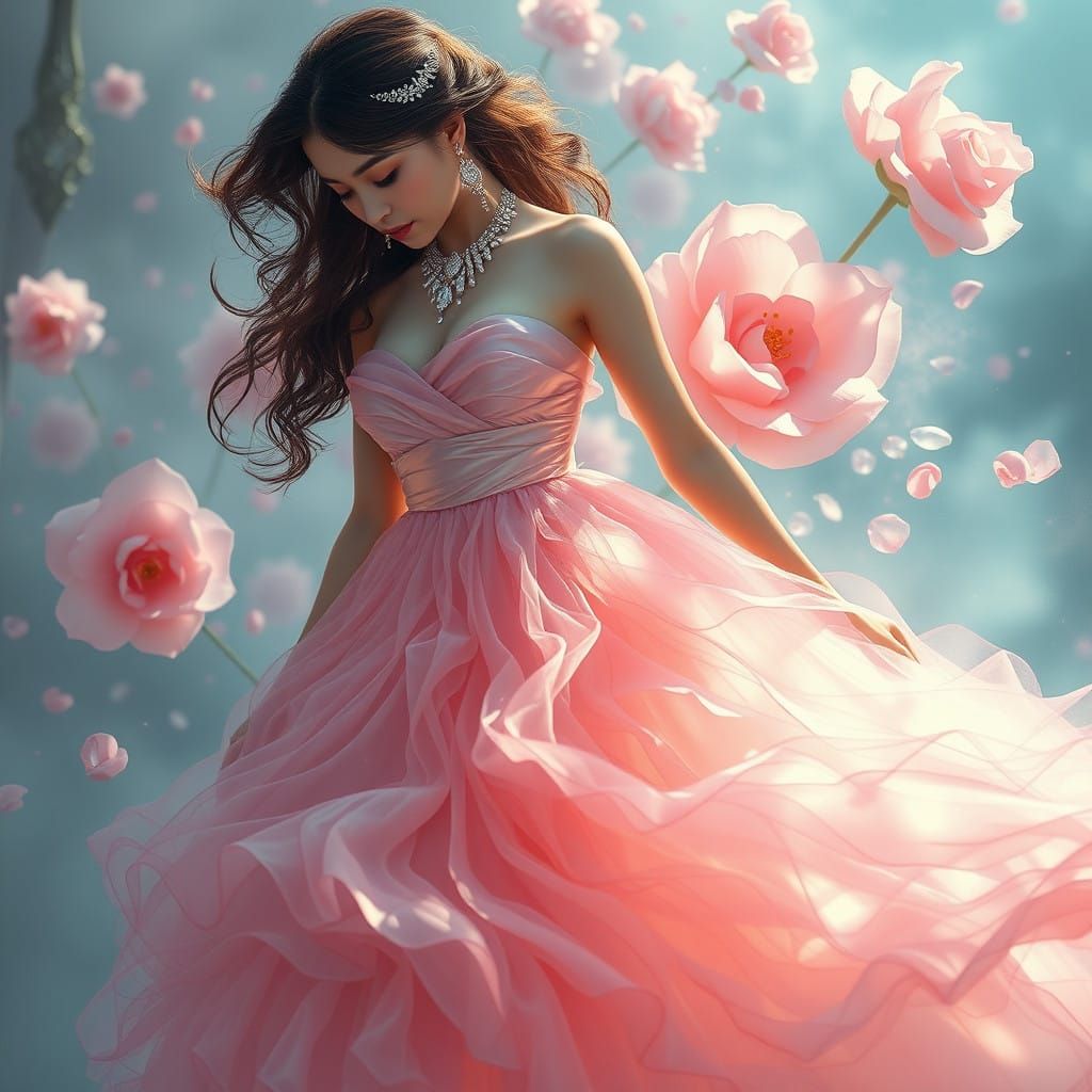 Ethereal Flower Woman in Vibrant Silk Gown with Tulle Skirt