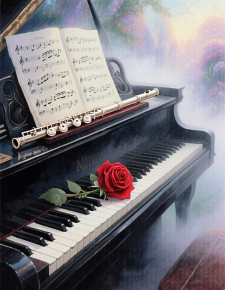 Watercolour Piano with Flute and Rose, Ethereal Mist