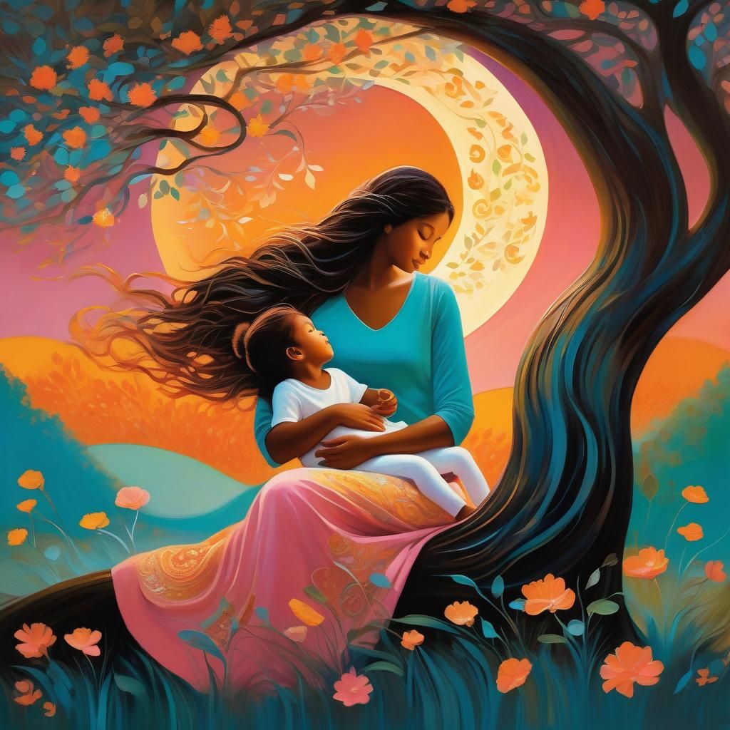 Mother and Child on Beach in Dreamlike Art Nouveau Style