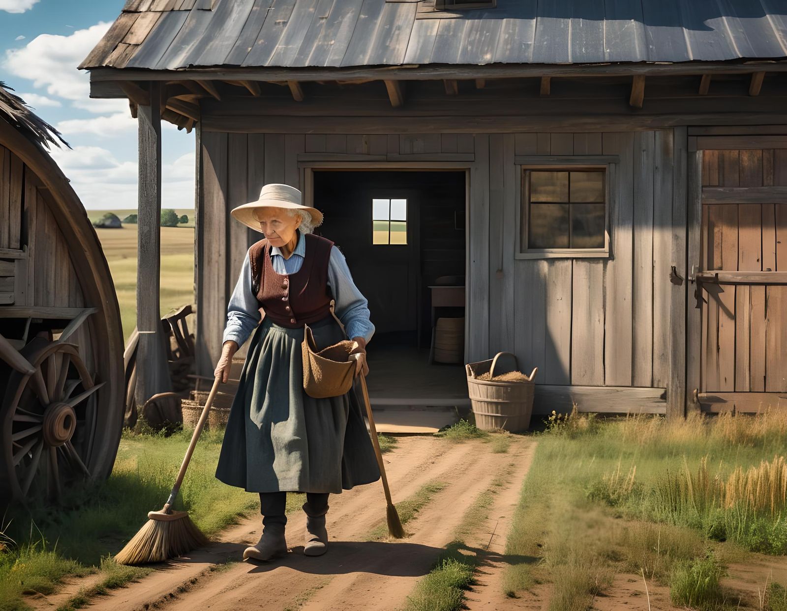 Prairie Homestead: Old Woman Sweeping with Hyperrealistic De...