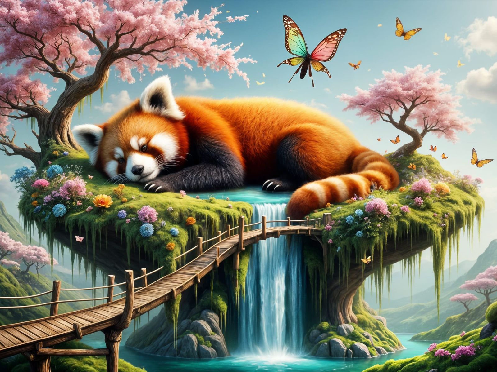 Floating Red Panda Paradise in Whimsical Japanese Fantasy