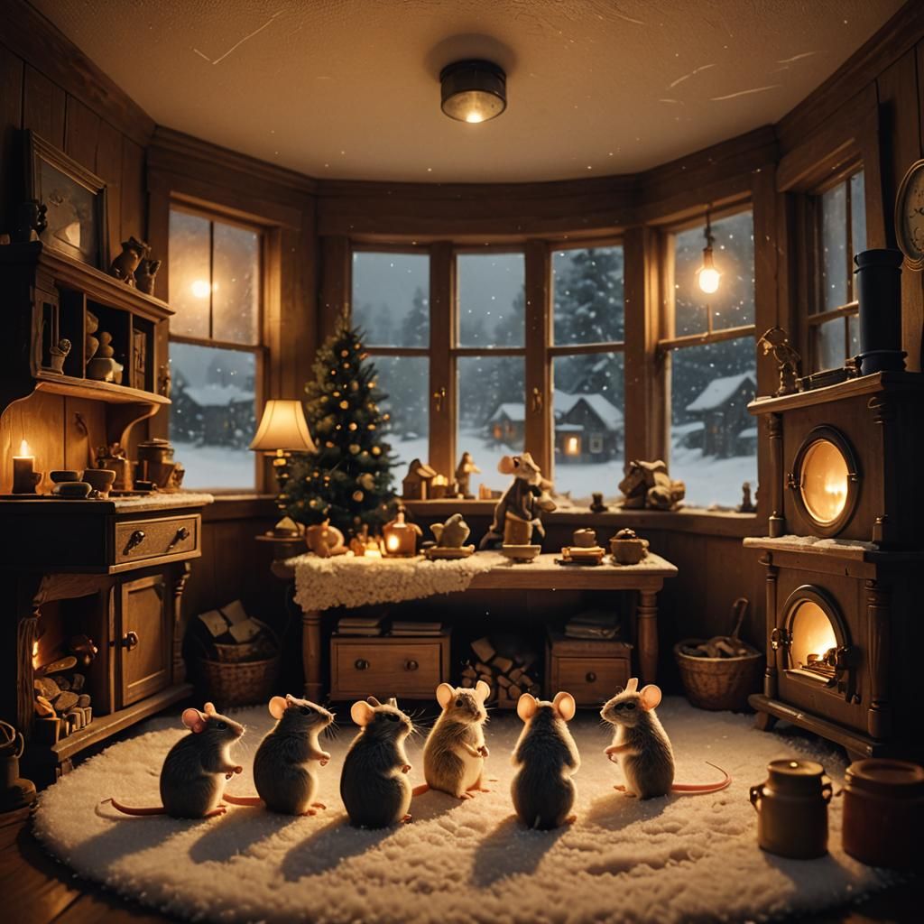 Cozy Mice Family in Winter Snowstorm