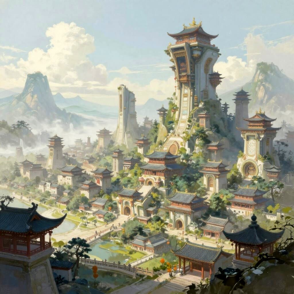 East Asian Futuristic Neighborhood in Soft Stroke Fantasy Pa...