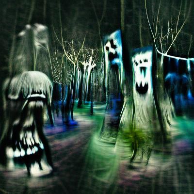 Eerie Horror Forest at Night with Ghosts