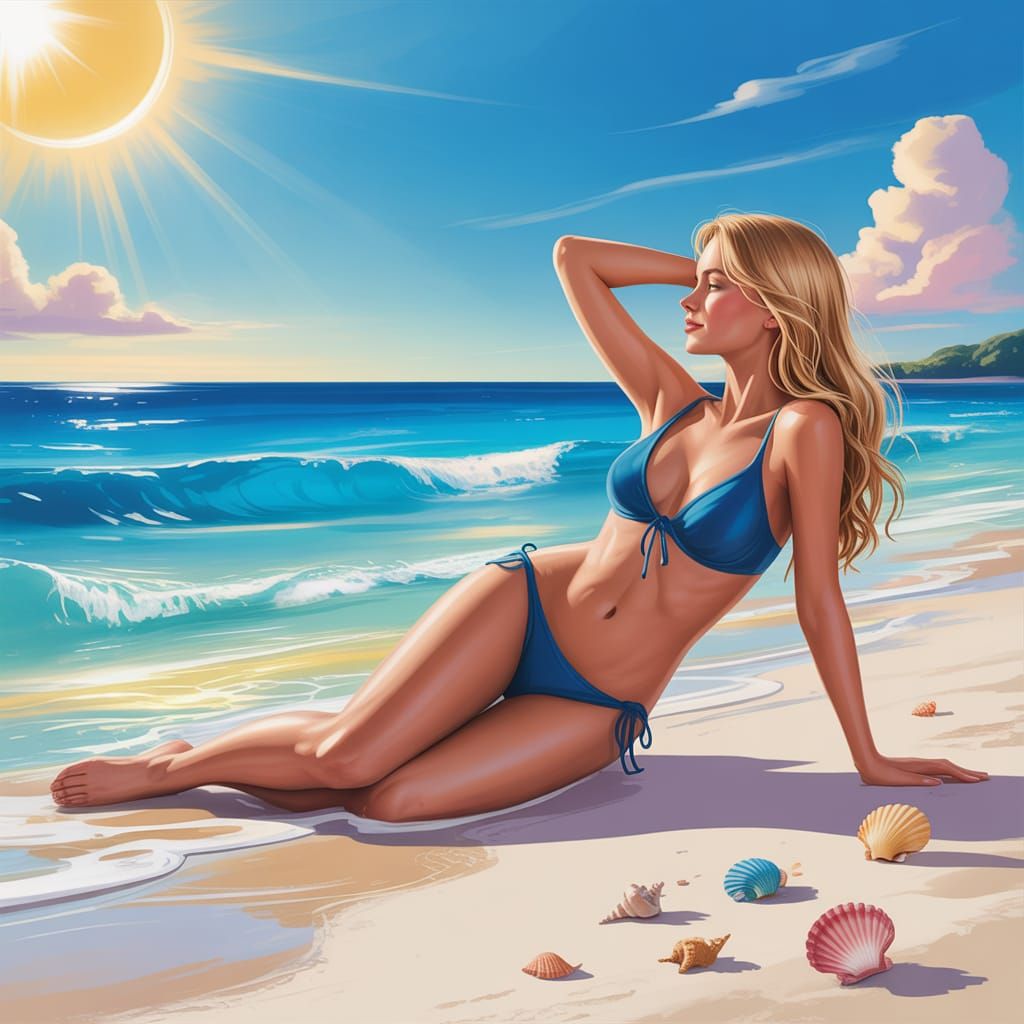 Blonde Woman in Blue Bikini Sunbathing on White Sand Beach