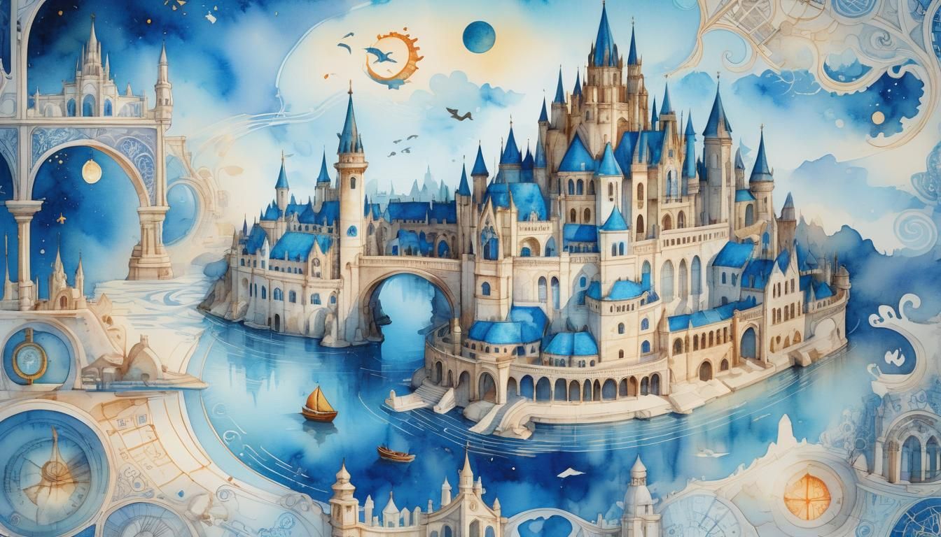 Watercolor Architectural Illustration of Fantasy Blueprints