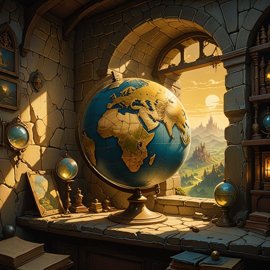 Miniature Medieval World Inside Antique Globe