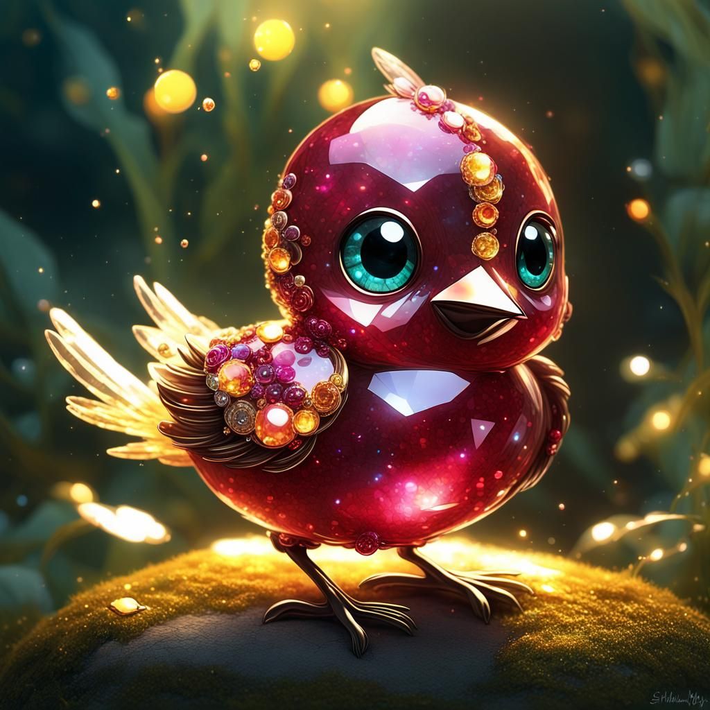 Sparkling Ruby Bird in Enchanted Garden
