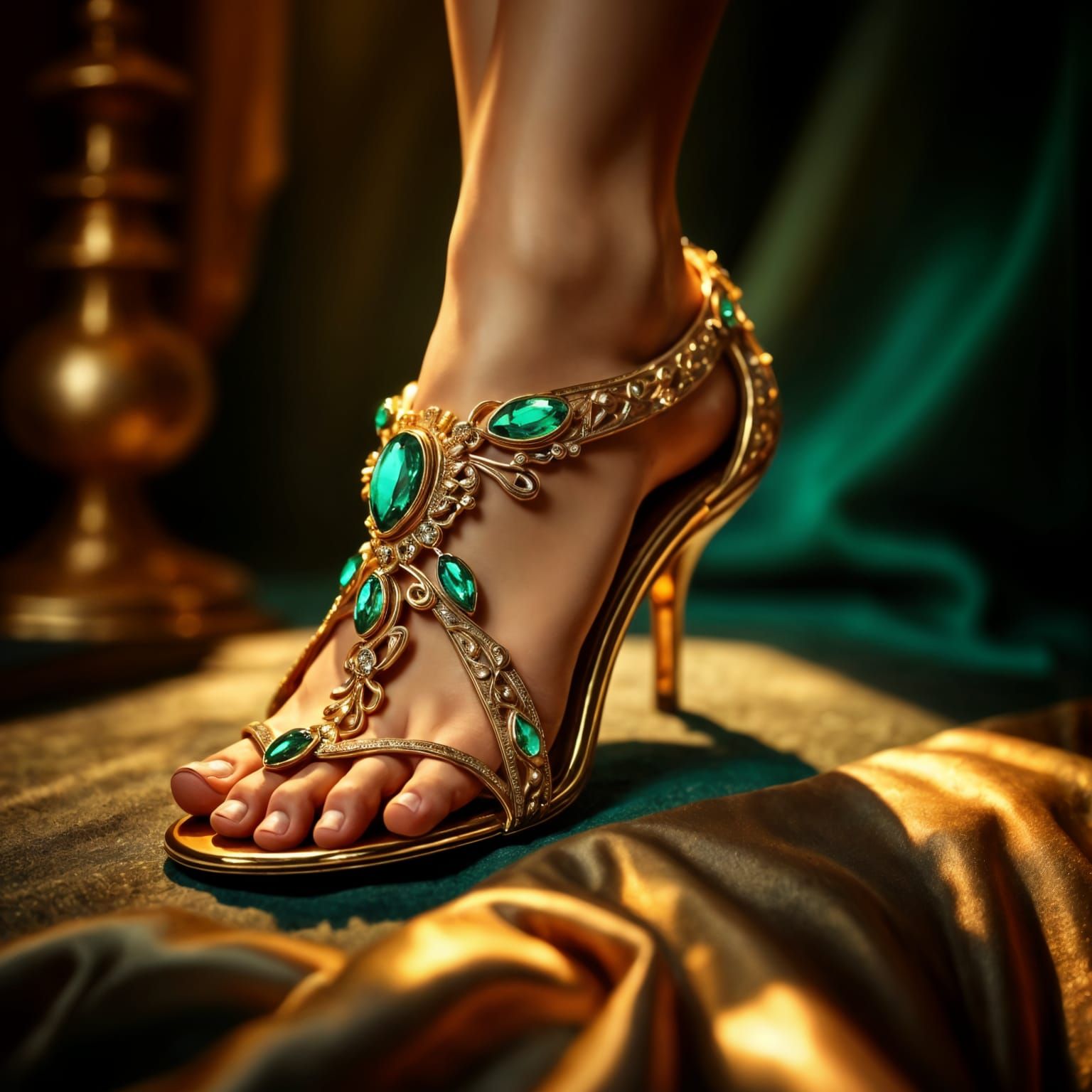 Hyperrealistic Women's Sandals in Gold with Emerald Stones