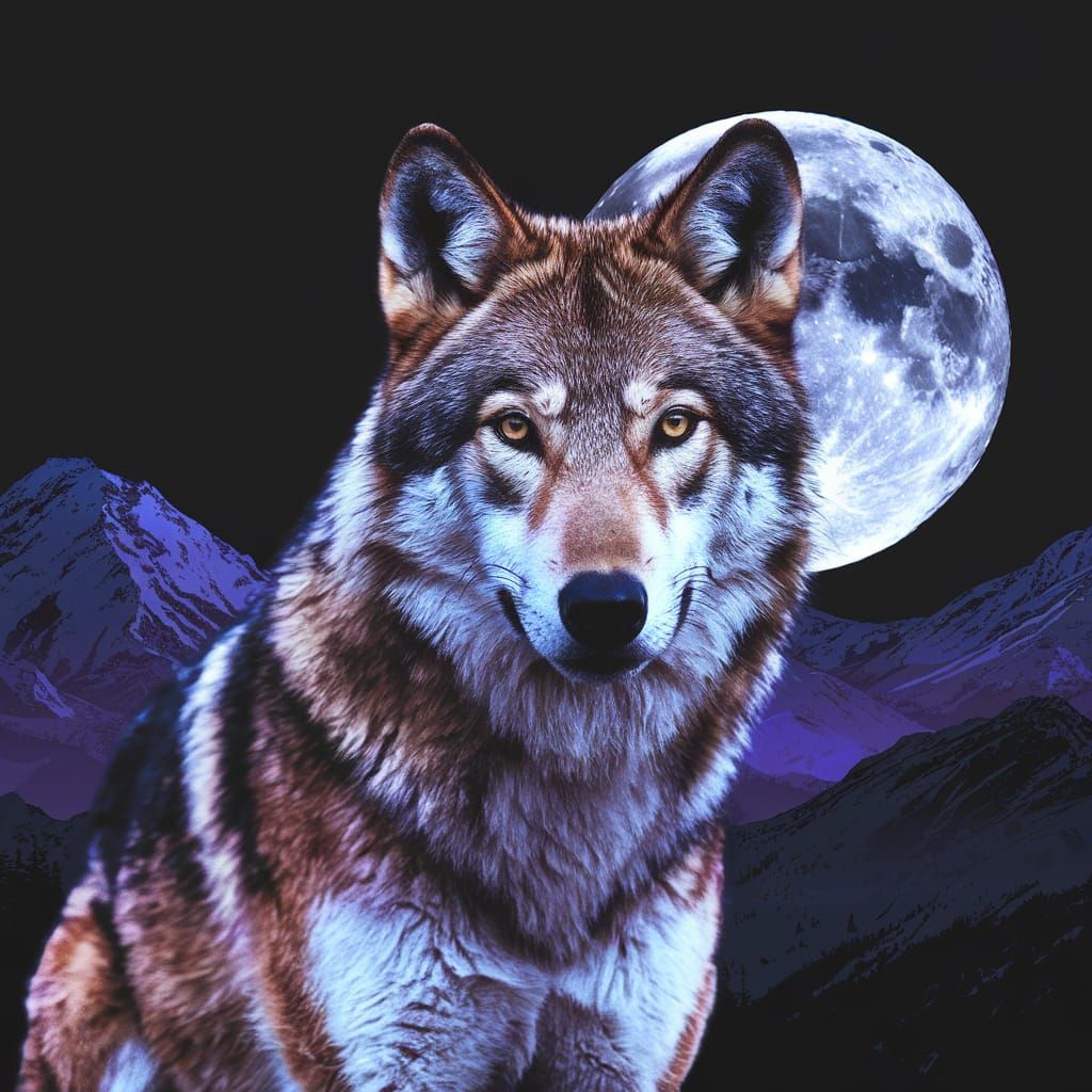 Photorealistic Double Exposure Wolf with Moon