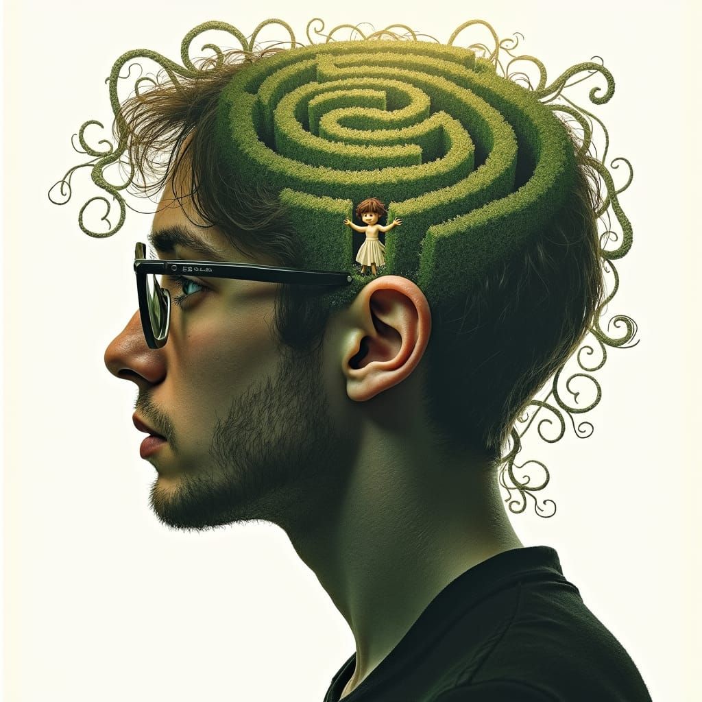 Labyrinthine Mind: Hedgerow Maze Double Exposure Portrait