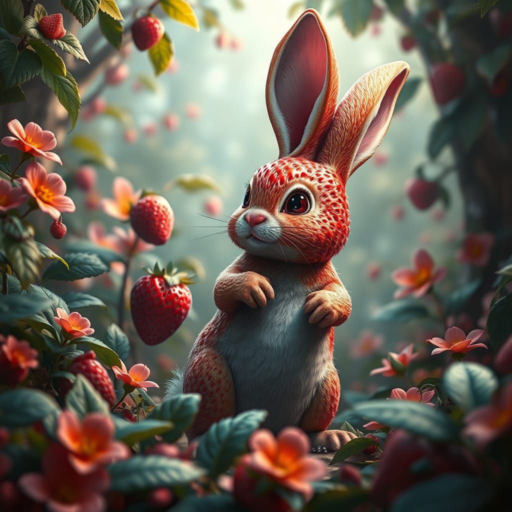 Majestic Strawberry Bunny in Fantastical Whimsy