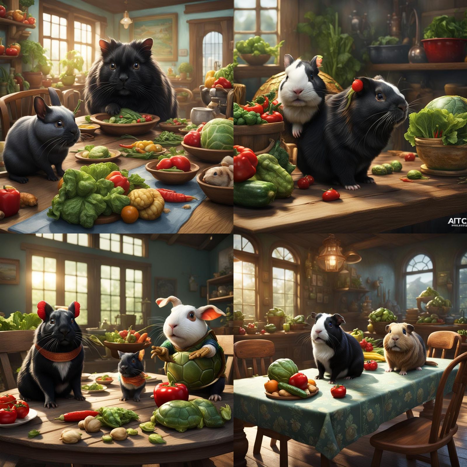 Anthropomorphic Animals Having Veggies, Detailed Matte Paint...