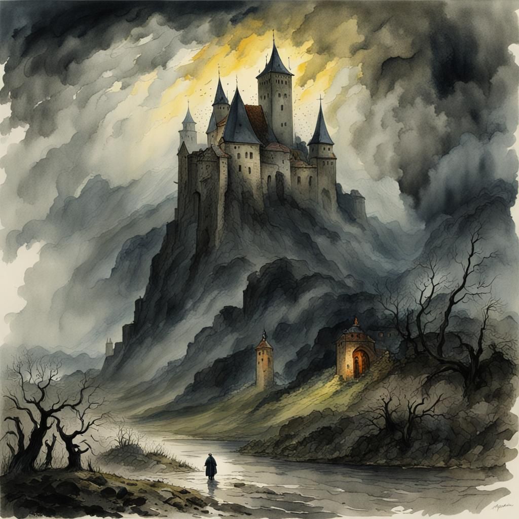 Mystical Castle in Rainy Thunderstorm, Watercolor Style