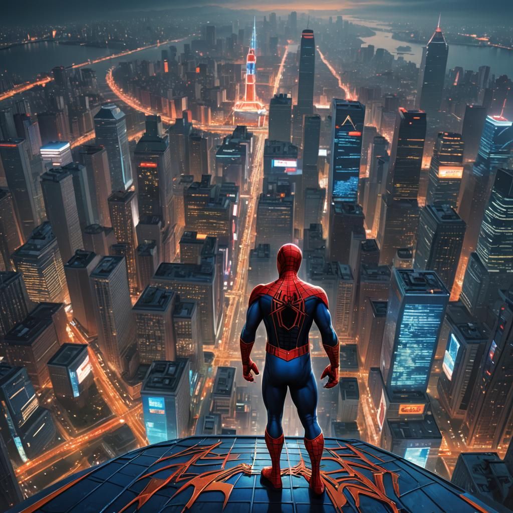 Kim Jong Un as Spiderman in Futuristic Pyongyang