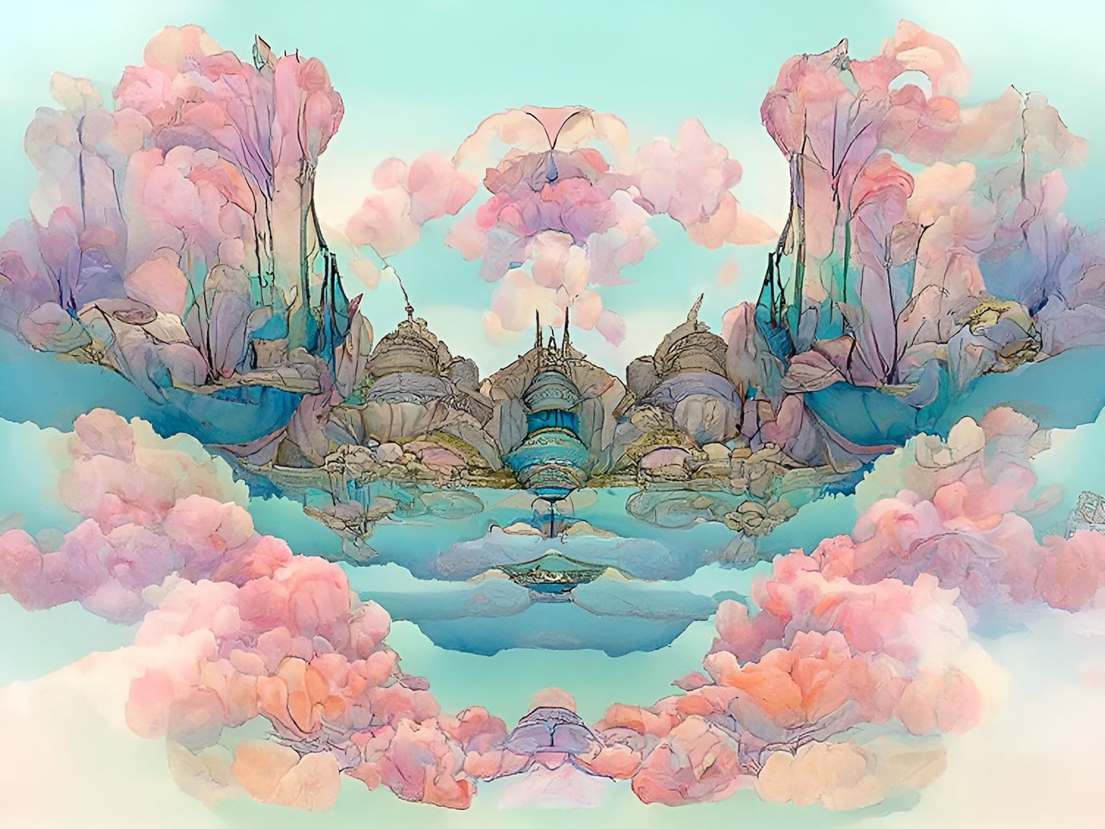 Fairy Village Floating in Clouds: Art Nouveau Cel-Shaded